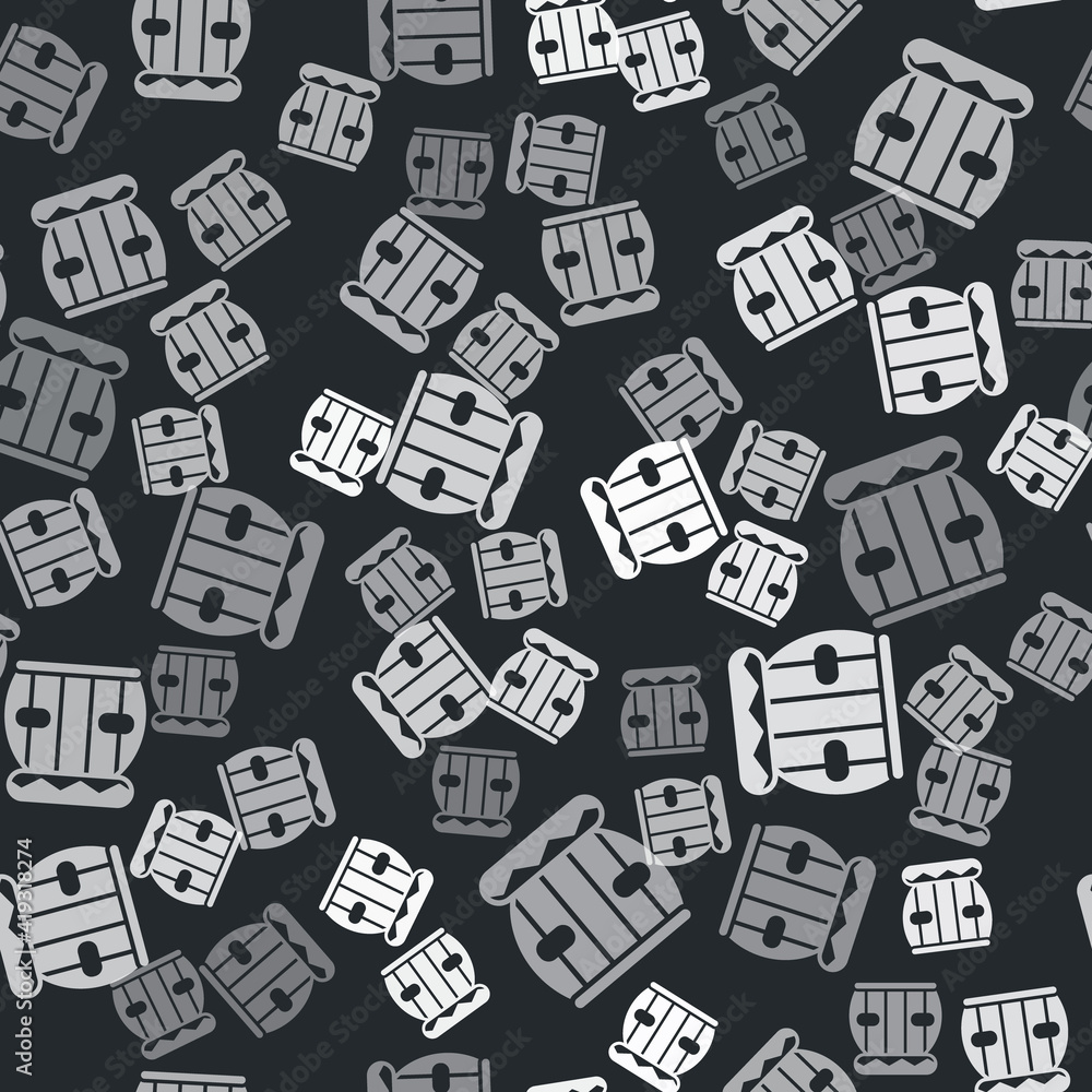 Grey Indian musical instrument tabla icon isolated seamless pattern on black background. Vector. Grey Indian musical instrument tabla icon isolated seamless pattern on black background. Vector.