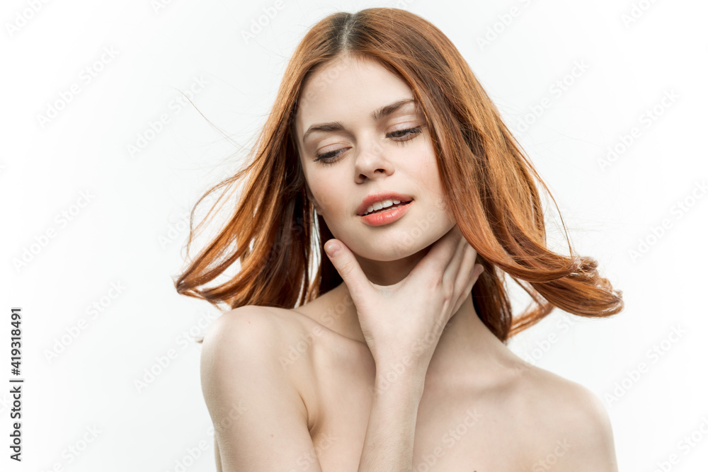 woman with bare shoulders holding hands near face charm fun model woman with bare shoulders holding hands near face charm fun model