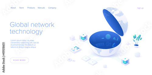 Global network technology in isometric vector illustration. World internet connection or social media online communication concept. Web banner layout template.