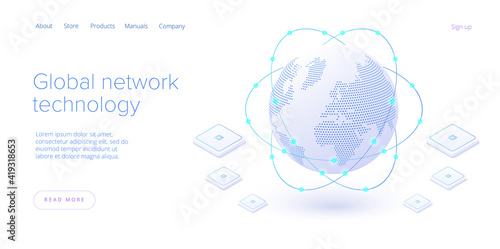 Global network technology in isometric vector illustration. World internet connection or social media online communication concept. Web banner layout template. photo