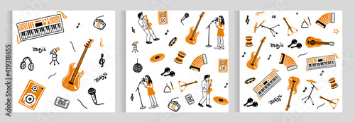 set of patterns of musical instruments. Music, sheet music, a girl singing, a guy playing the saxophone. doodle style. tape recorder, guitar, microphone, drum, accordion, synthesizer