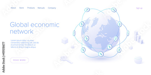 Global economic network in isometric vector illustration. World economy or global financial map concept. Web banner layout template.