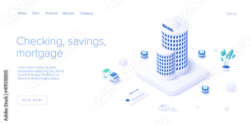 Bank building and money transaction concept in isometric vector design. Payment transfer or deposit and investment. Web banner layout template.