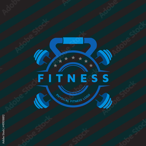 fitness training and nutrition coaching with dumbbell icon. Virtual CrossFit and fitness vector official logo template.