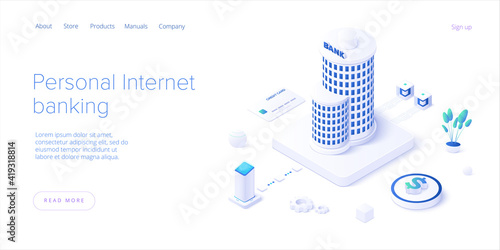 Bank building and money transaction concept in isometric vector design. Payment transfer or deposit and investment. Web banner layout template.