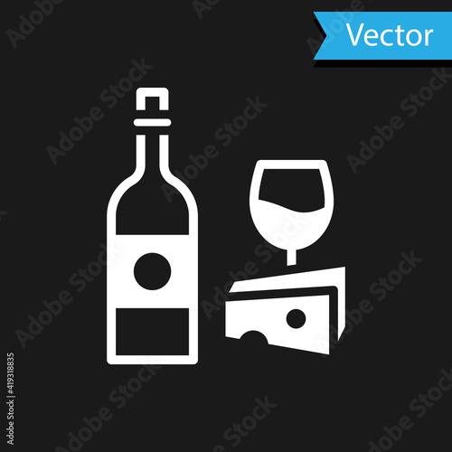 White Wine bottle with glass and cheese icon isolated on black background. Romantic dinner. Vector.