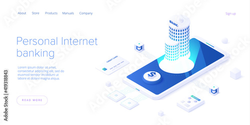 Bank building and money transaction concept in isometric vector design. Payment transfer or deposit and investment. Web banner layout template.