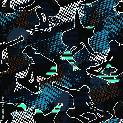 Skateboards seamless grunge pattern for boy.  modern background with boys on skateboards. Sport  style wallpaper . Urban style
