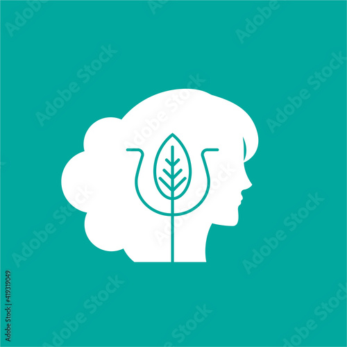 Girl's head with Greek letter Psi. Relationship and psychology logo isolated on blue.