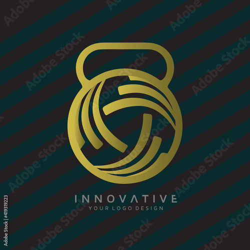 Weight Loss Technology with dumbbell icon. Virtual CrossFit and fitness vector official logo template.