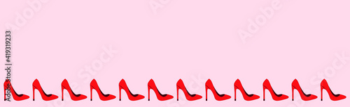 vector poster with red womens shoes. flat image of women's stiletto heels standing in a row