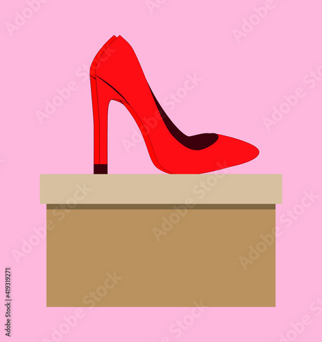 vector red shoes on a cardboard box. flat image of women's shoes with long heels. the shoe is on a brown cardboard box