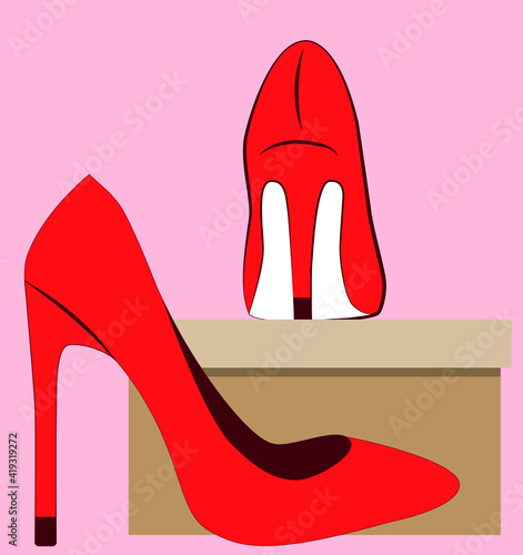vector red shoes on a cardboard box. flat image of a pair of women's shoes with long heels. shoes stand on a brown cardboard box