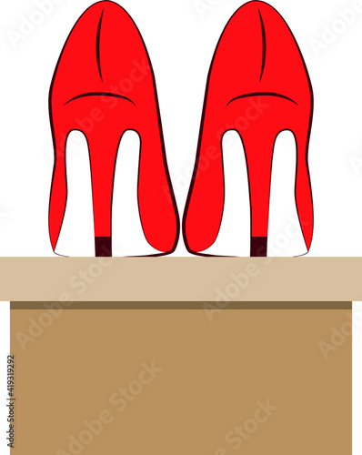 vector red shoes on a cardboard box. flat image of a pair of women's shoes with long heels. shoes stand on a brown cardboard box