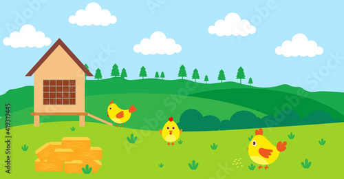 Cute Cartoon Vector Illustration of Chicken and Farm Rural Meadow