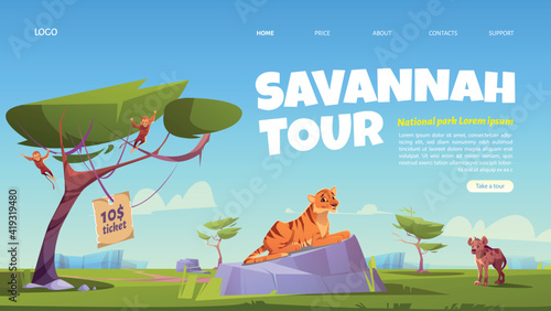 Savannah tour cartoon landing page, invitation in national park with wild animals. Tiger, hyena and monkey jungle inhabitants in zoo or safari outdoor area, vector web banner for booking tickets