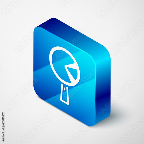 Isometric Omelette in frying pan icon isolated on grey background. Omelet in a skillet. Blue square button. Vector.