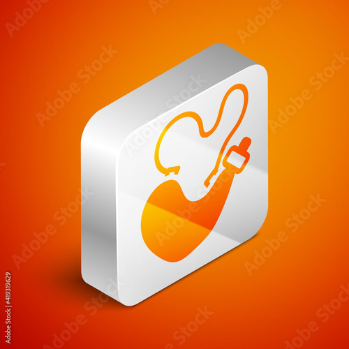 Isometric Spanish wineskin icon isolated on orange background. Silver square button. Vector.