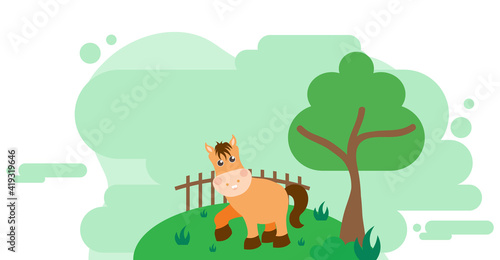 Cute Cartoon Vector Illustration of Horse and Farm Rural Meadow