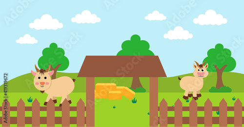 Cute Cartoon Vector Illustration of Goat and Farm Rural Meadow