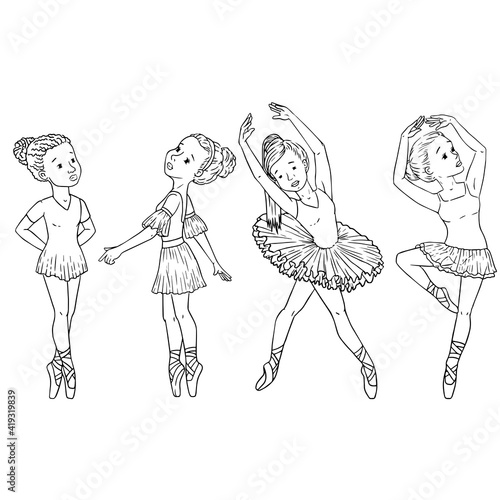 Vector little cute ballerina in graceful poses, ballet dancer. print for clothes and cards. Coloring page. Isolated on a white background