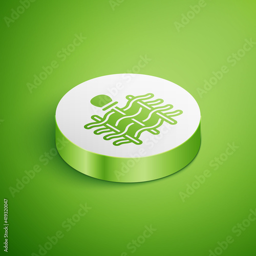 Isometric Wicker fence of thin rods with old clay jars icon isolated on green background. White circle button. Vector.