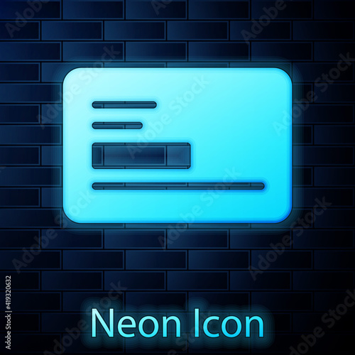 Glowing neon Visiting card, business card icon isolated on brick wall background. Corporate identity template. Vector.