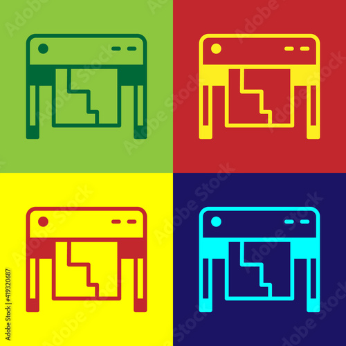 Pop art Plotter icon isolated on color background. Large format multifunction printer. Polygraphy, printshop service. Vector.