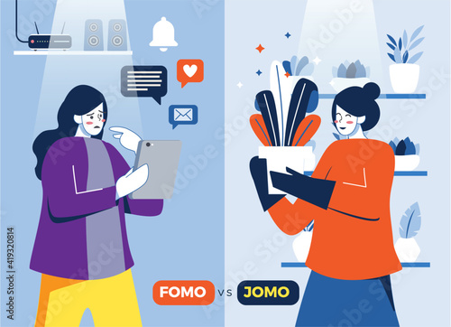 fomo vs jomo girls concept illustration 