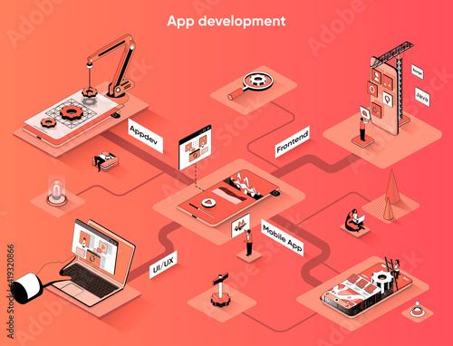 App development isometric web banner. Programming smartphone mobile or computer application flat isometry concept. UI UX design developing 3d scene. Vector illustration with tiny people characters