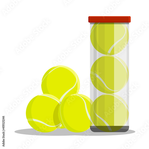 tennis balls in tube, transparent plastic container isolated on white background. Tennis tournament. Sport equipment. Vector in cartoon style