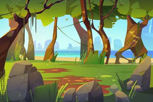 Cartoon landscape with forest and sea view, scenery background, natural trees, moss on trunks and rocks in ocean, green grass, bushes and sunlight spots on ground, summer wood vector illustration