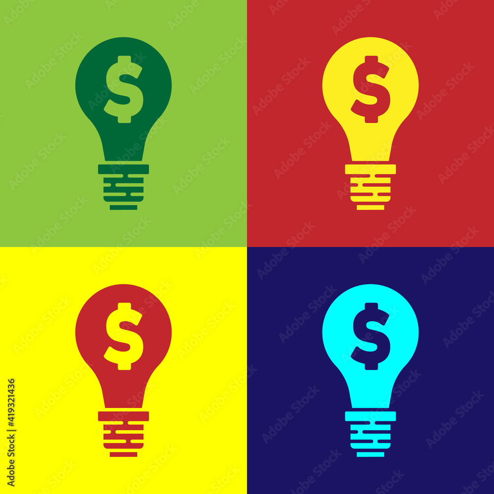 Pop art Light bulb with dollar symbol icon isolated on color background. Money making ideas. Fintech innovation concept. Vector. Pop art Light bulb with dollar symbol icon isolated on color background. Money making ideas. Fintech innovation concept. Vector.