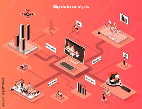 Big data analysis isometric web banner. Collection and analytics of business statistics info flat isometry concept. Market research 3d scene design. Vector illustration with tiny people characters