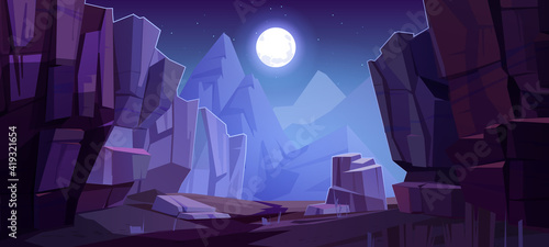 Mountains cleft view from bottom, night scenery landscape with high rocks and full moon with stars glowing over peaks. Beautiful nature background, hills at nighttime, Cartoon vector illustration