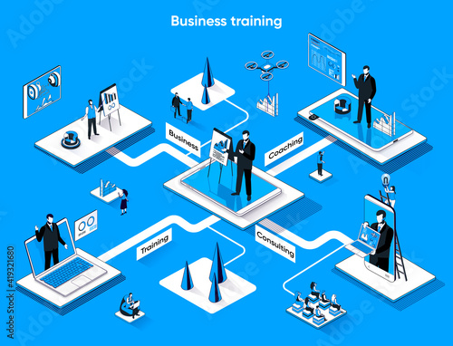 Business training isometric web banner. Coaching, mentoring and consulting flat isometry concept. Career development course, education 3d scene design. Vector illustration with tiny people characters