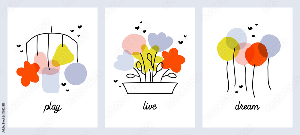 Creative vector illustrations set of multicolored balloons, flowers in garden pot and newborn baby mobile with hanging pastel decor. Design for cute greeting card or pretty poster. Editable stroke