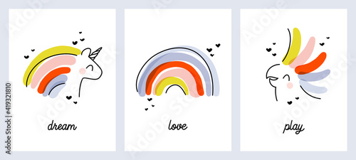 Artistic vector illustrations set of playful rainbow, happy unicorn and cheerful cockatoo parrot. Funny design for cute greeting card or cool poster. Editable stroke