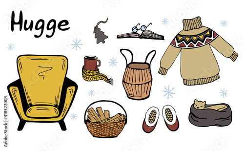 a set of elements of a cozy home in the Scandinavian style, hugge home.Cute vector hand drawn images