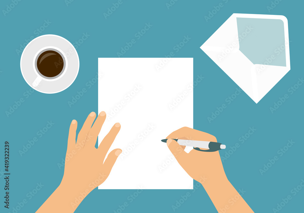 Flat design illustration of male or female hand writing letter with pen ...