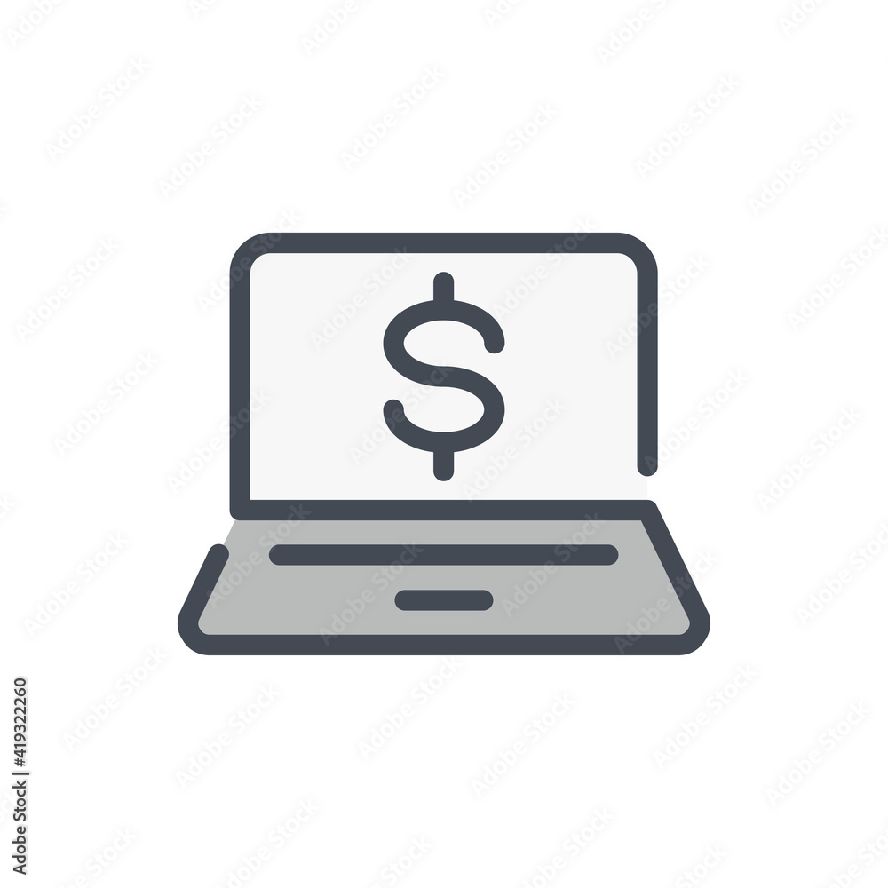 Online payment color line icon. Laptop with dollar vector outline colorful sign. Online payment color line icon. Laptop with dollar vector outline colorful sign.