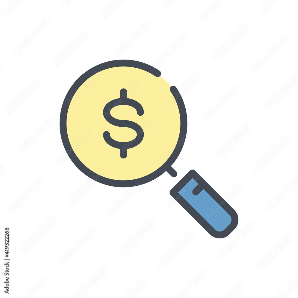 Search money color line icon. Magnifier with dollar vector outline colorful sign. Search money color line icon. Magnifier with dollar vector outline colorful sign.