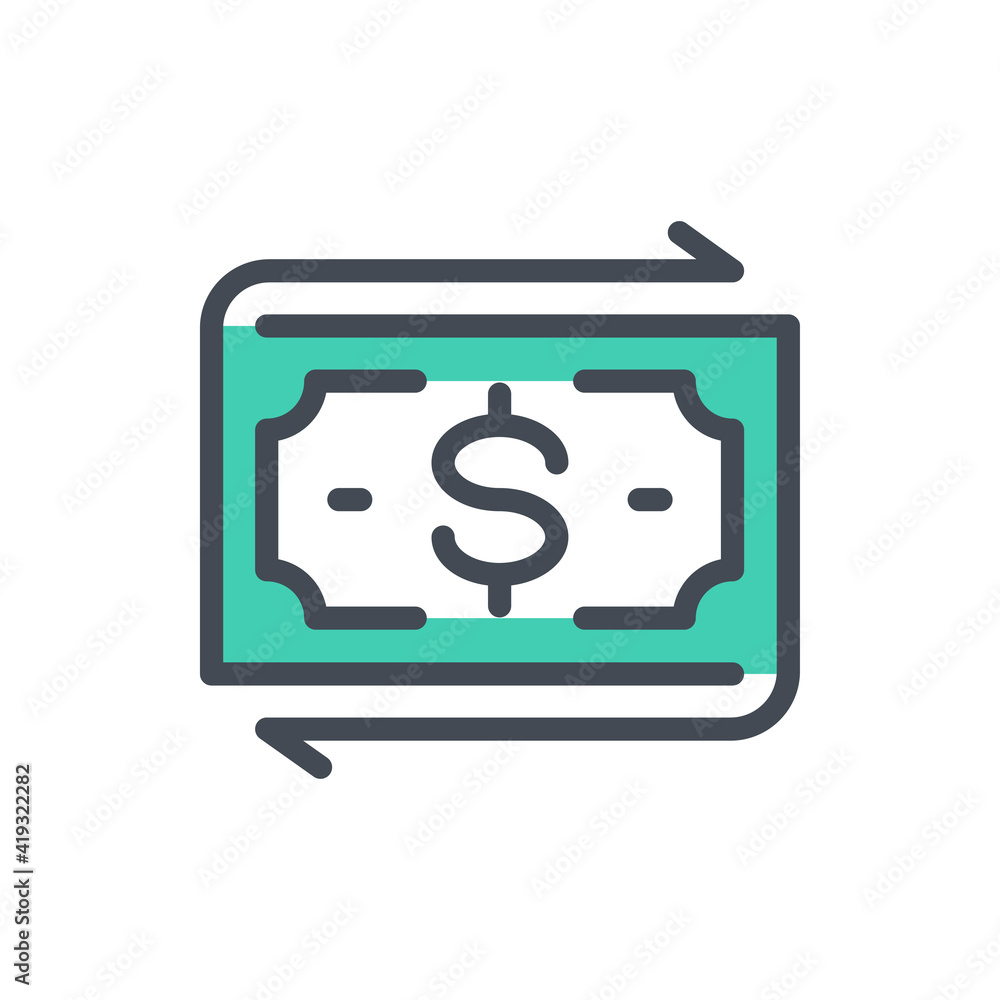 Send money and Cashback color line icon. Dollar banknote with arrows vector outline colorful sign. Send money and Cashback color line icon. Dollar banknote with arrows vector outline colorful sign.