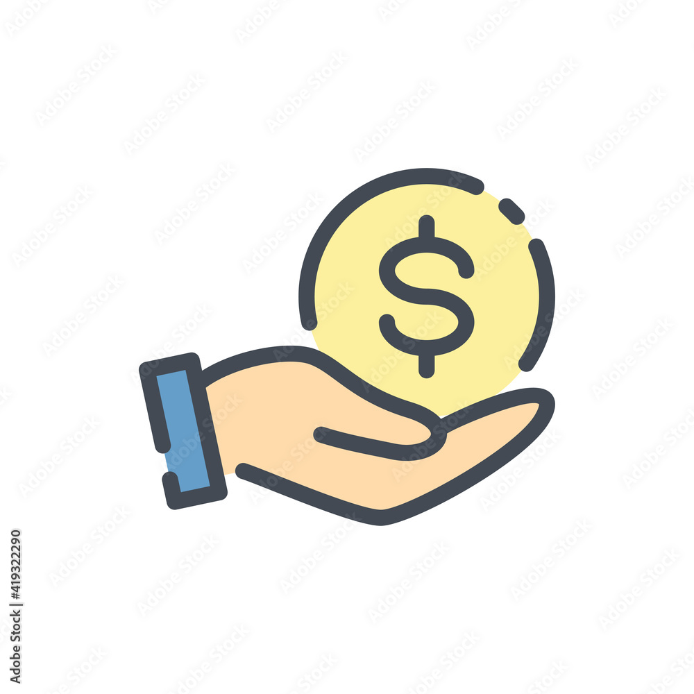 Donation and payment color line icon. Hand with dollar coin vector outline colorful sign. Donation and payment color line icon. Hand with dollar coin vector outline colorful sign.