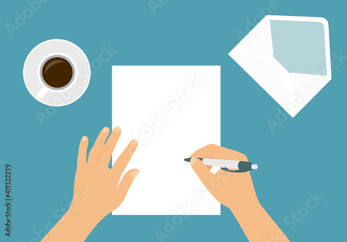 Flat design illustration of male or female hand writing letter with pen on blank sheet of paper. Open envelope and cup of coffee on green background with space for text, vector