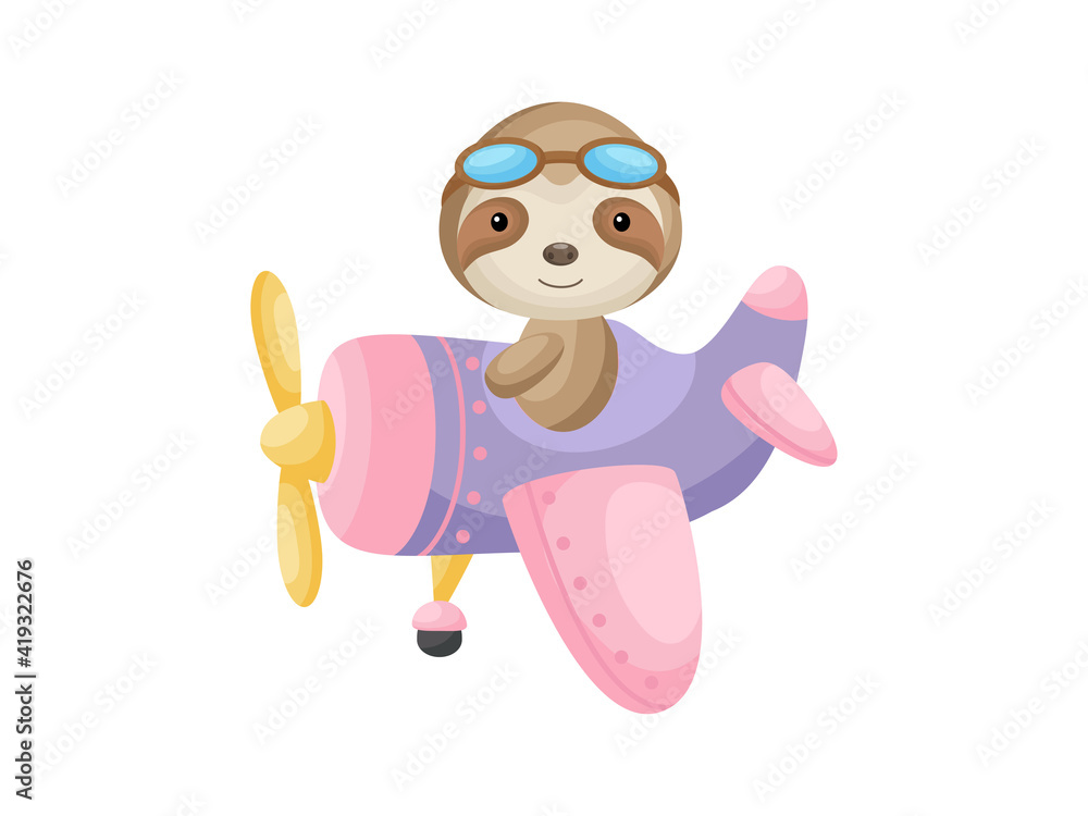Little sloth wearing aviator goggles flying an airplane. Funny baby character flying on plane for greeting card, baby shower, birthday invitation, house interior. Isolated cartoon vector illustration