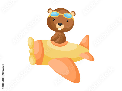 Little beaver wearing aviator goggles flying an airplane. Funny baby character flying on plane for greeting card, baby shower, birthday invitation, house interior. Isolated cartoon vector illustration