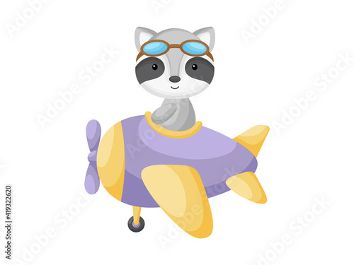 Little raccoon wearing aviator goggles flying an airplane. Funny baby character flying on plane for greeting card, baby shower, birthday invitation, house interior. Isolated vector illustration