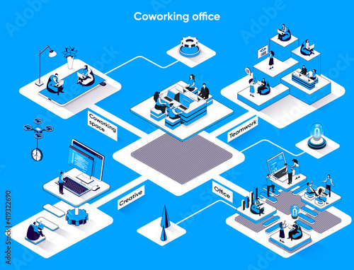 Coworking office isometric web banner. Business meeting and creative teamwork flat isometry concept. Colleagues at open workplace 3d scene design. Vector illustration with tiny people characters