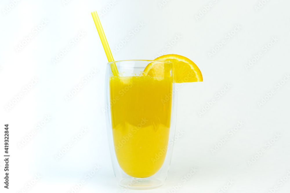 Glass of orange juice on white background. Fresh orange juice.